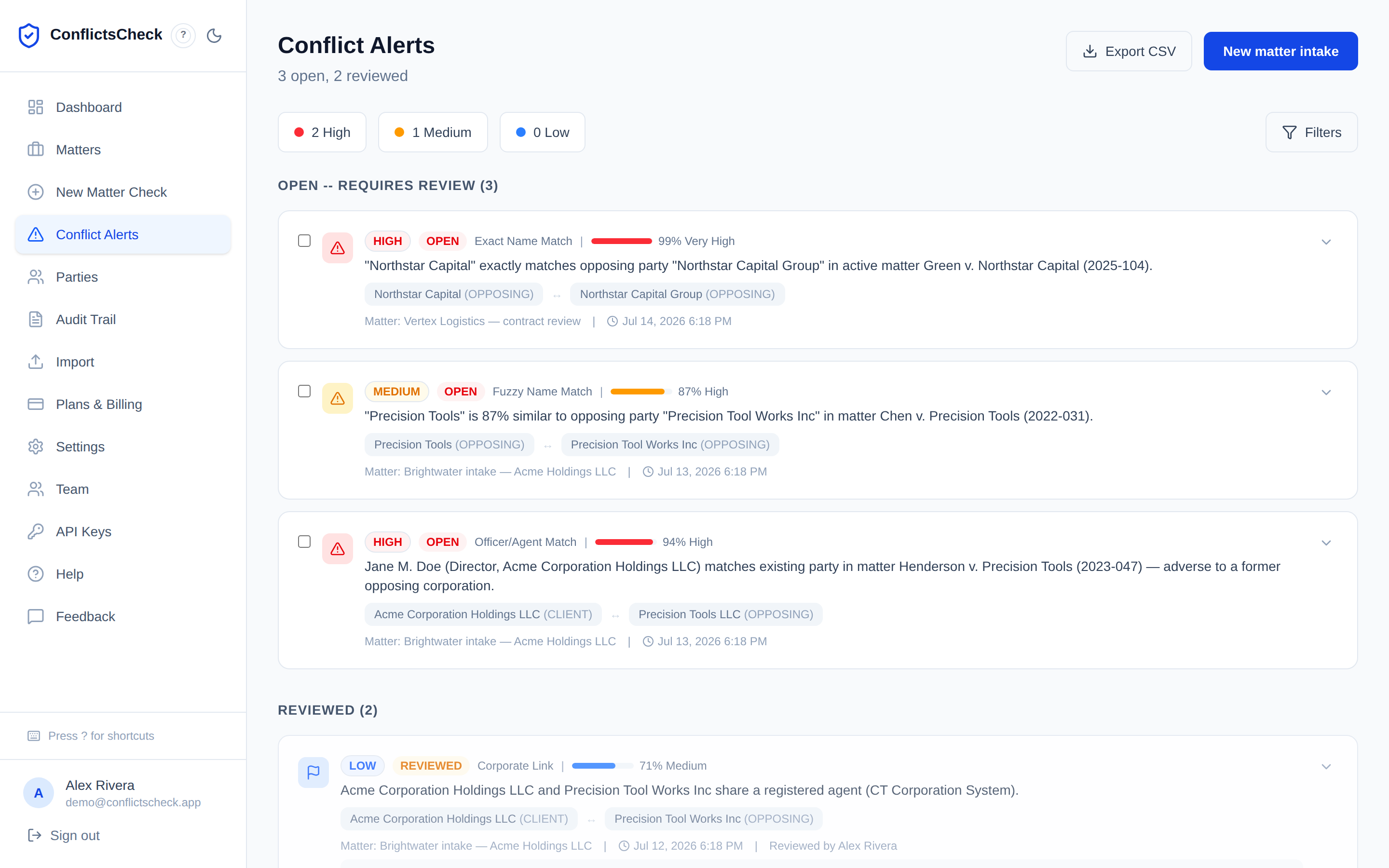 Conflict alerts screen — an officer match at 94% confidence and a fuzzy name match at 87%, each with the parties, matter, and a Clear or Waive decision